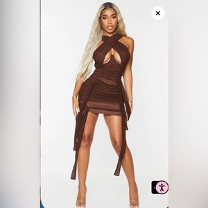 Chocolate Brown Mesh Wrap Neck Tie Detail Bodycon Dress